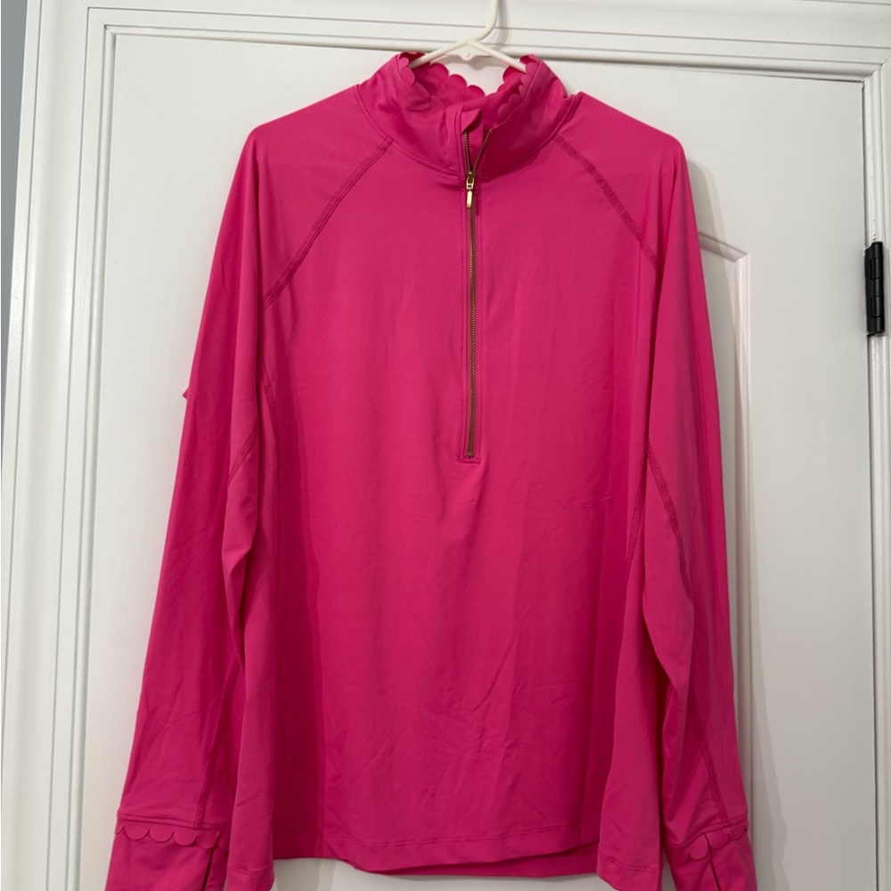 Bright Pink Quarter-Zip Scallop Trim Top